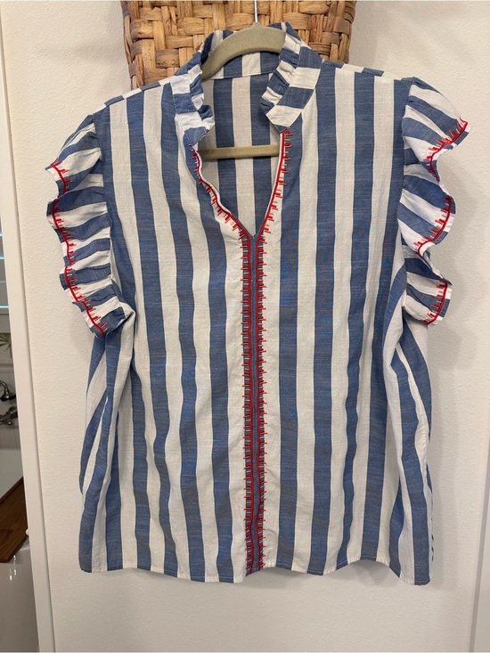sage veil Tops - Red, white & blue Striped Ruffle flutter sleeve 4th of July shirt